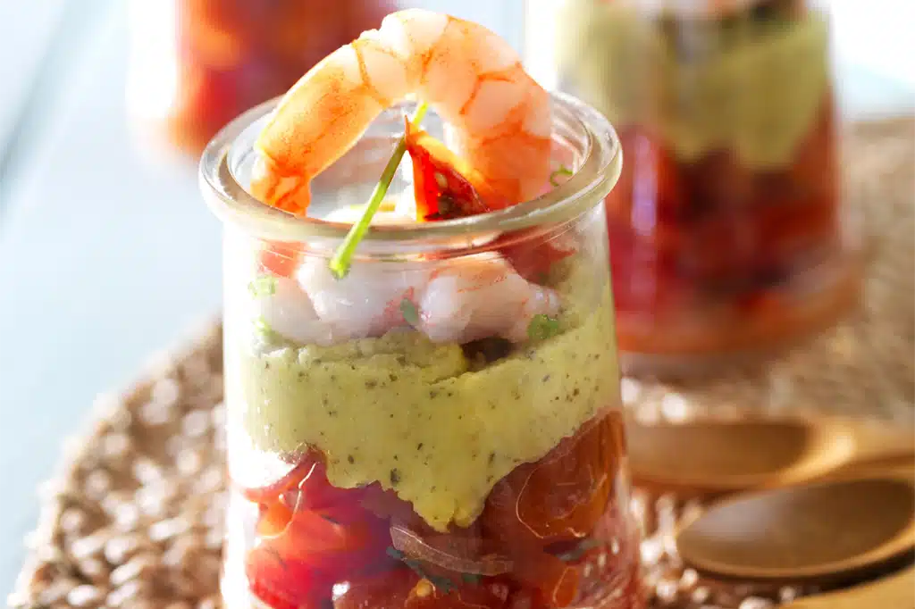 Fresh verrine with mint houmous and slow roasted tomatoes