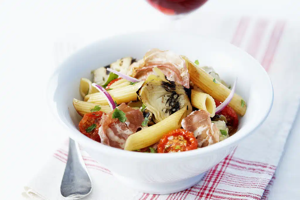 Grilled artichokes penne with coppa and slow roasted cherry tomatoes
